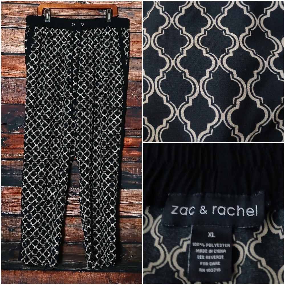Zac & Rachel Pants XL Drawstring Elastic Waist Black Lattice Pockets Lounge